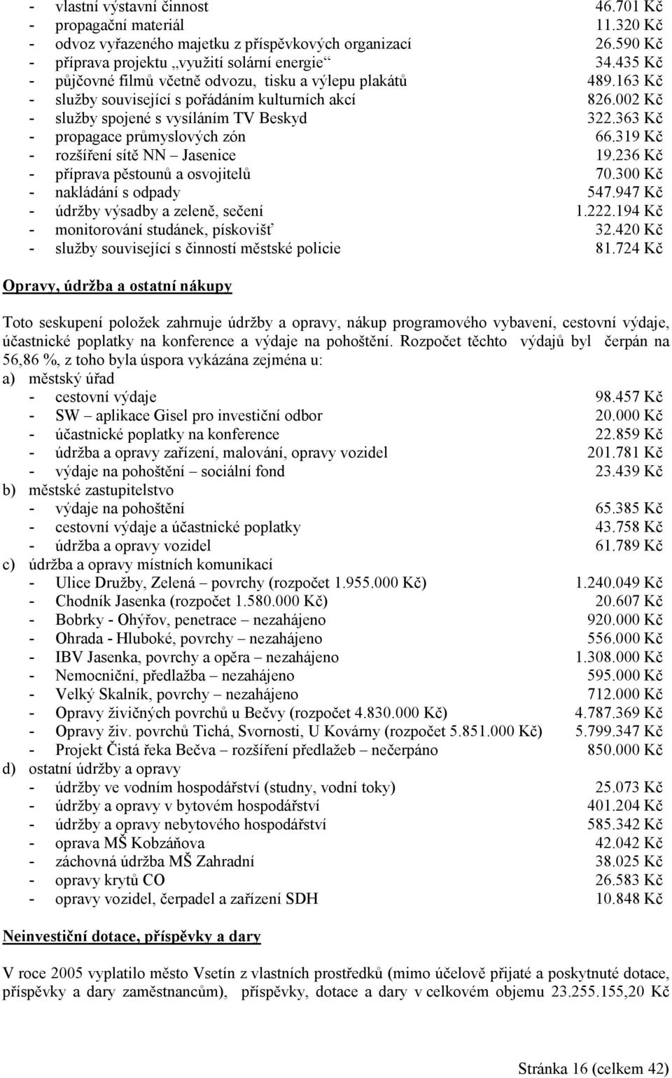 363 Kč - propagace průmyslových zón 66.319 Kč - rozšíření sítě NN Jasenice 19.236 Kč - příprava pěstounů a osvojitelů 70.300 Kč - nakládání s odpady 547.947 Kč - údržby výsadby a zeleně, sečení 1.222.