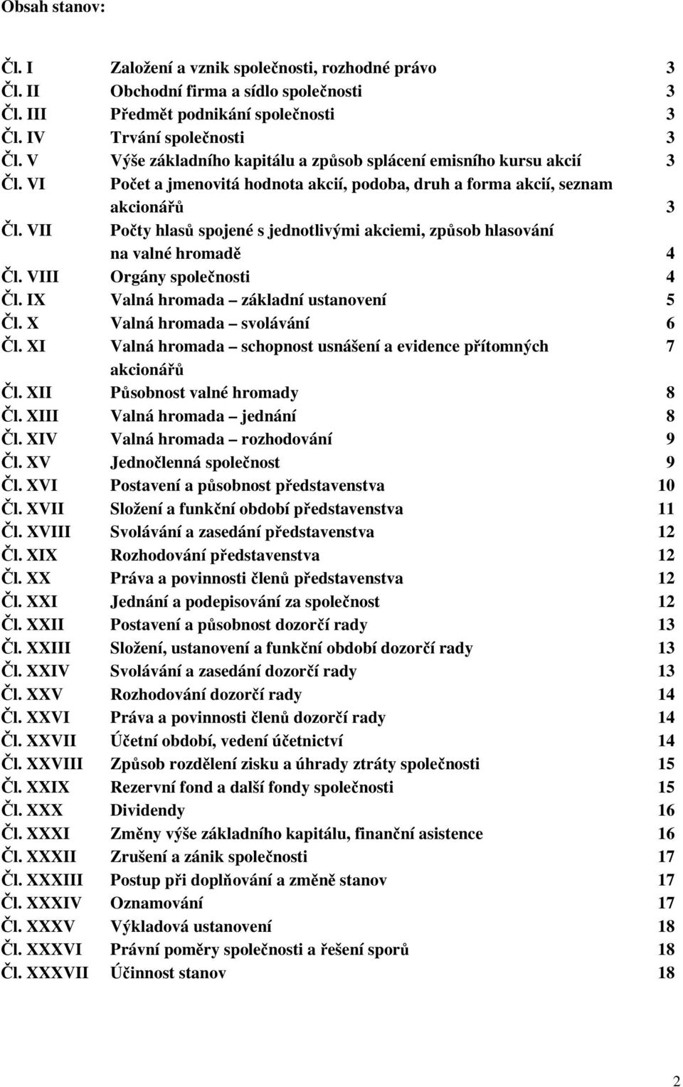 VII Počty hlasů spojené s jednotlivými akciemi, způsob hlasování na valné hromadě 4 Čl. VIII Orgány společnosti 4 Čl. IX Valná hromada základní ustanovení 5 Čl. X Valná hromada svolávání 6 Čl.