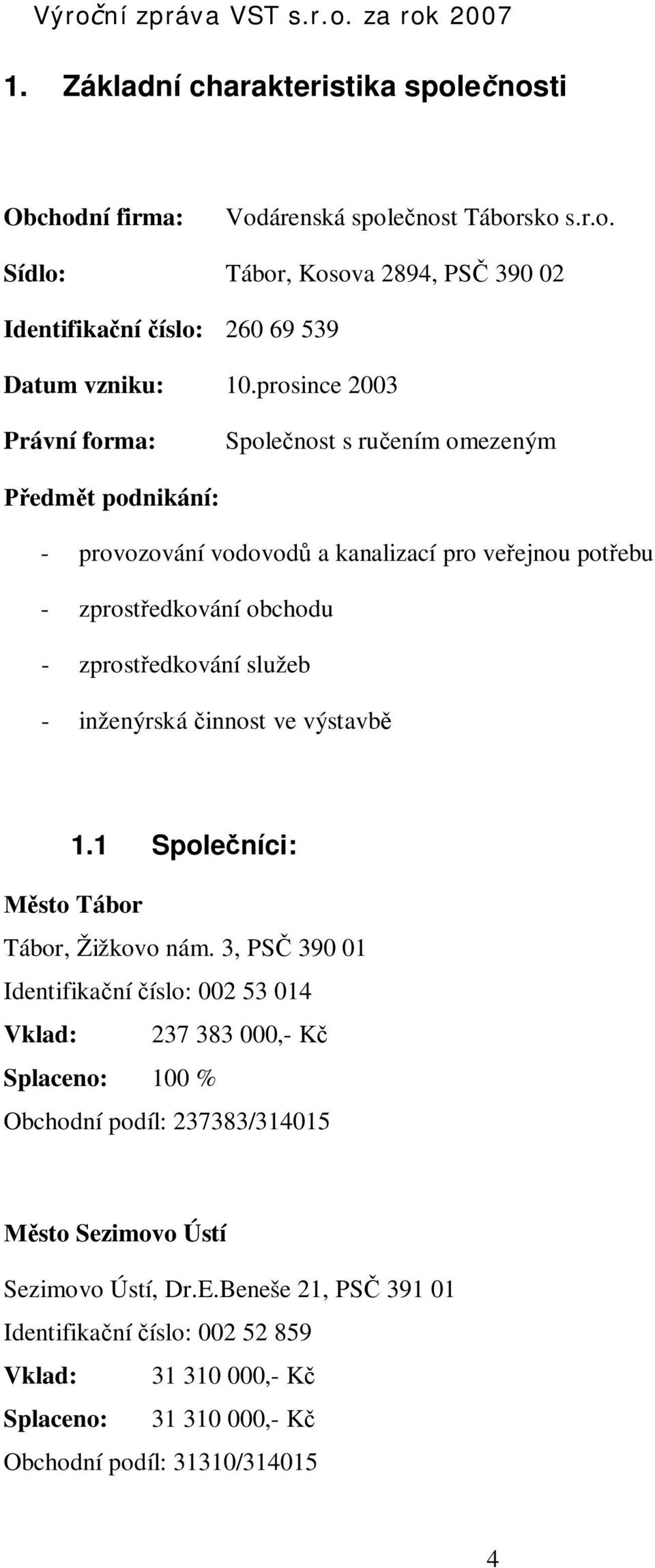 služeb - inženýrská innost ve výstavb 1.1 Spole níci: sto Tábor Tábor, Žižkovo nám.