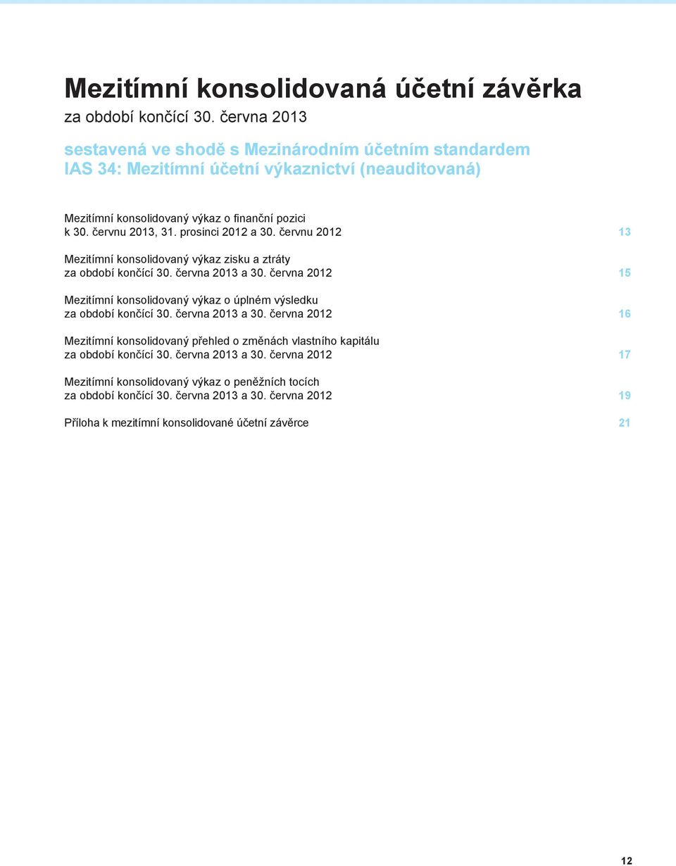 prosinci 2012 a 30. červnu 2012 13 Mezitímní konsolidovaný výkaz zisku a ztráty za období končící 30. června 2013 a 30.