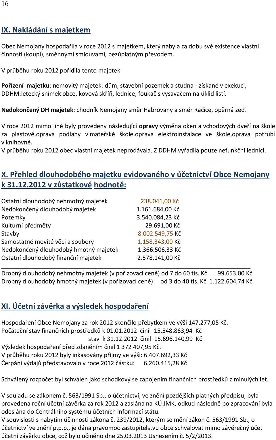 na úklid listí. Nedokončený DH majetek: chodník Nemojany směr Habrovany a směr Račice, opěrná zeď.