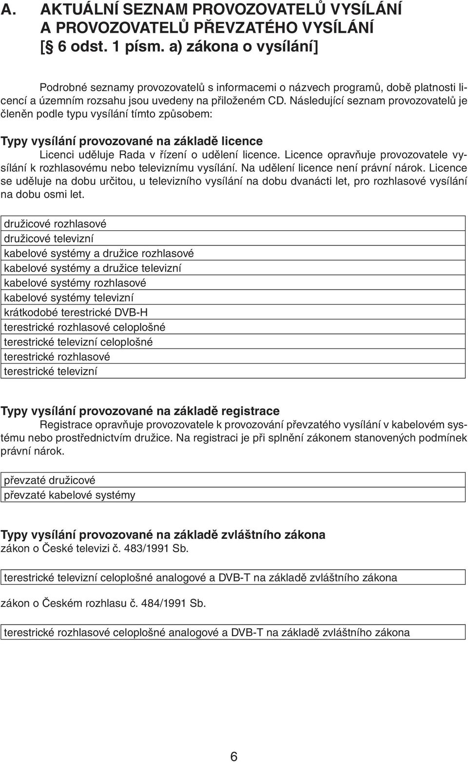 Následující seznam provozovatelů je členěn podle typu vysílání tímto způsobem: Typy vysílání provozované na základě licence Licenci uděluje Rada v řízení o udělení licence.