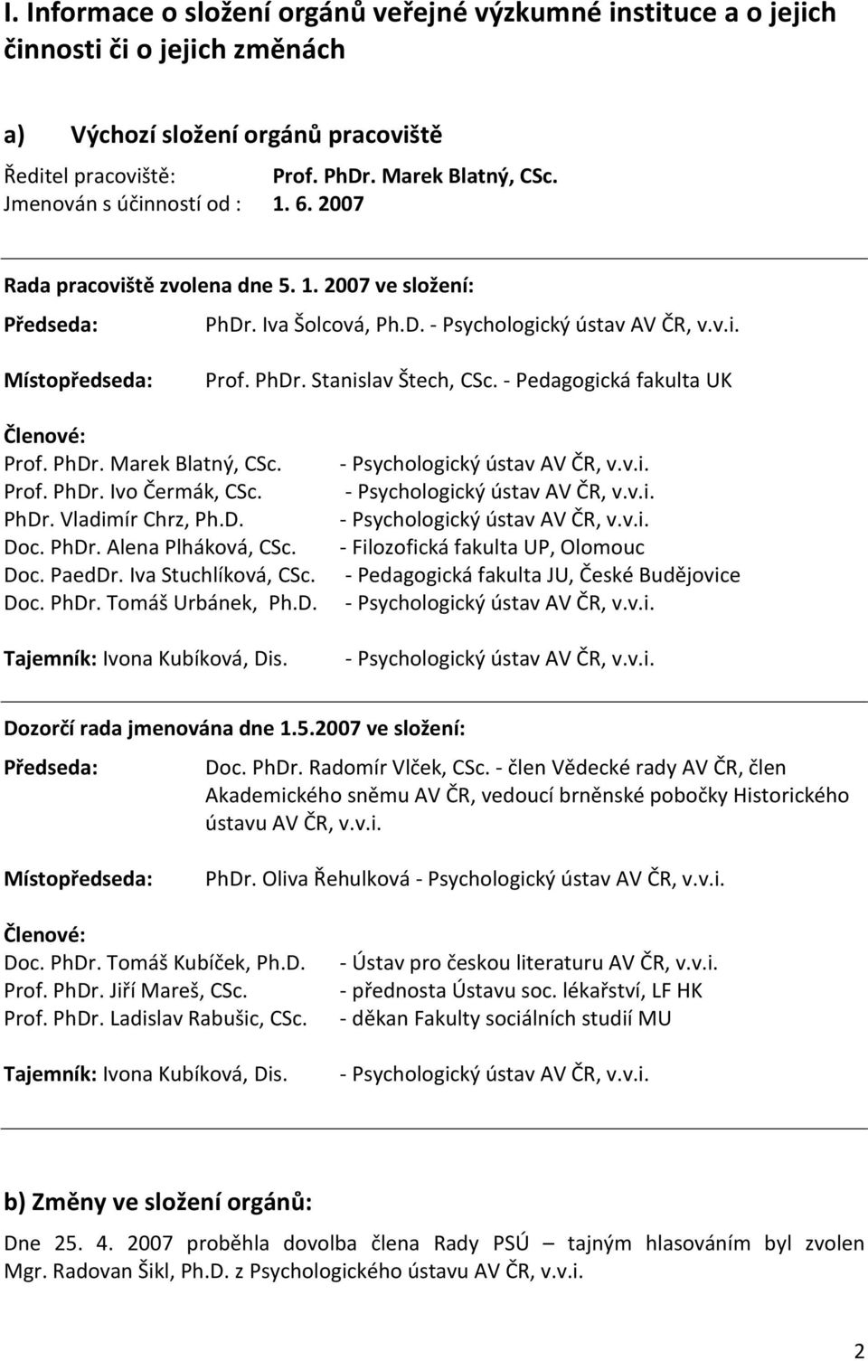 - Pedagogická fakulta UK Členové: Prof. PhDr. Marek Blatný, CSc. Prof. PhDr. Ivo Čermák, CSc. PhDr. Vladimír Chrz, Ph.D. Doc. PhDr. Alena Plháková, CSc. Doc. PaedDr. Iva Stuchlíková, CSc. Doc. PhDr. Tomáš Urbánek, Ph.