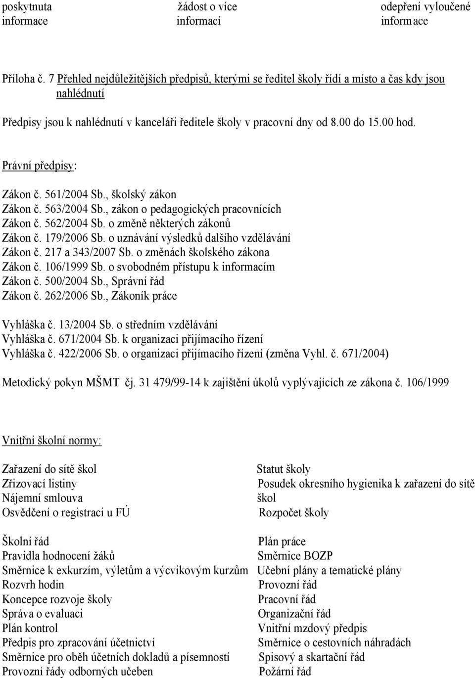 Právní předpisy: Zákon č. 561/2004 Sb., školský zákon Zákon č. 563/2004 Sb., zákon o pedagogických pracovnících Zákon č. 562/2004 Sb. o změně některých zákonů Zákon č. 179/2006 Sb.