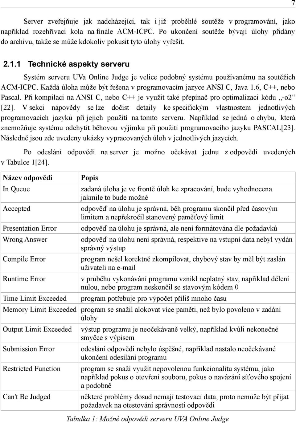 1 Technické aspekty serveru Systém serveru UVa Online Judge je velice podobný systému používanému na soutěžích ACM-ICPC. Každá úloha může být řešena v programovacím jazyce ANSI C, Java 1.