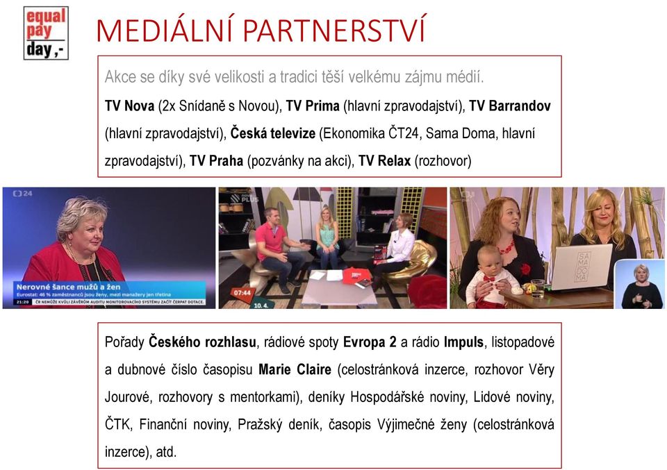 zpravodajství), TV Praha (pozvánky na akci), TV Relax (rozhovor) Pořady Českého rozhlasu, rádiové spoty Evropa 2 a rádio Impuls, listopadové a dubnové