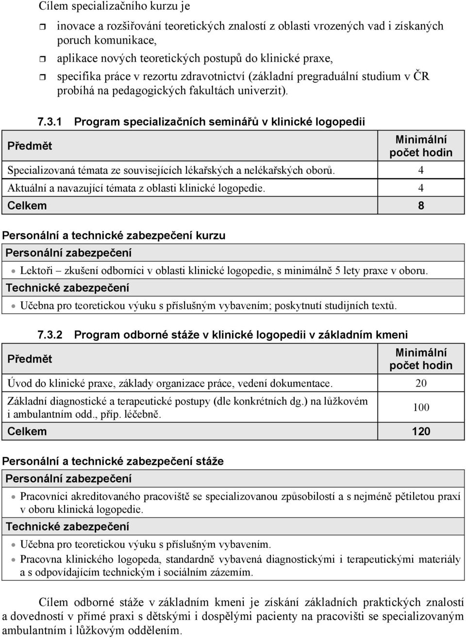 1 Program specializaních seminá v klinické logopedii Minimální poet hodin Specializovaná témata ze souvisejících lékaských a nelékaských obor.