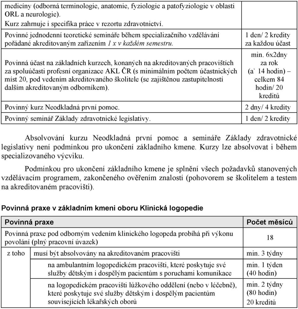 Povinná úast na základních kurzech, konaných na akreditovaných pracovištích za spoluúasti profesní organizace AKL R (s minimálním potem úastnických míst 20, pod vedením akreditovaného školitele (se