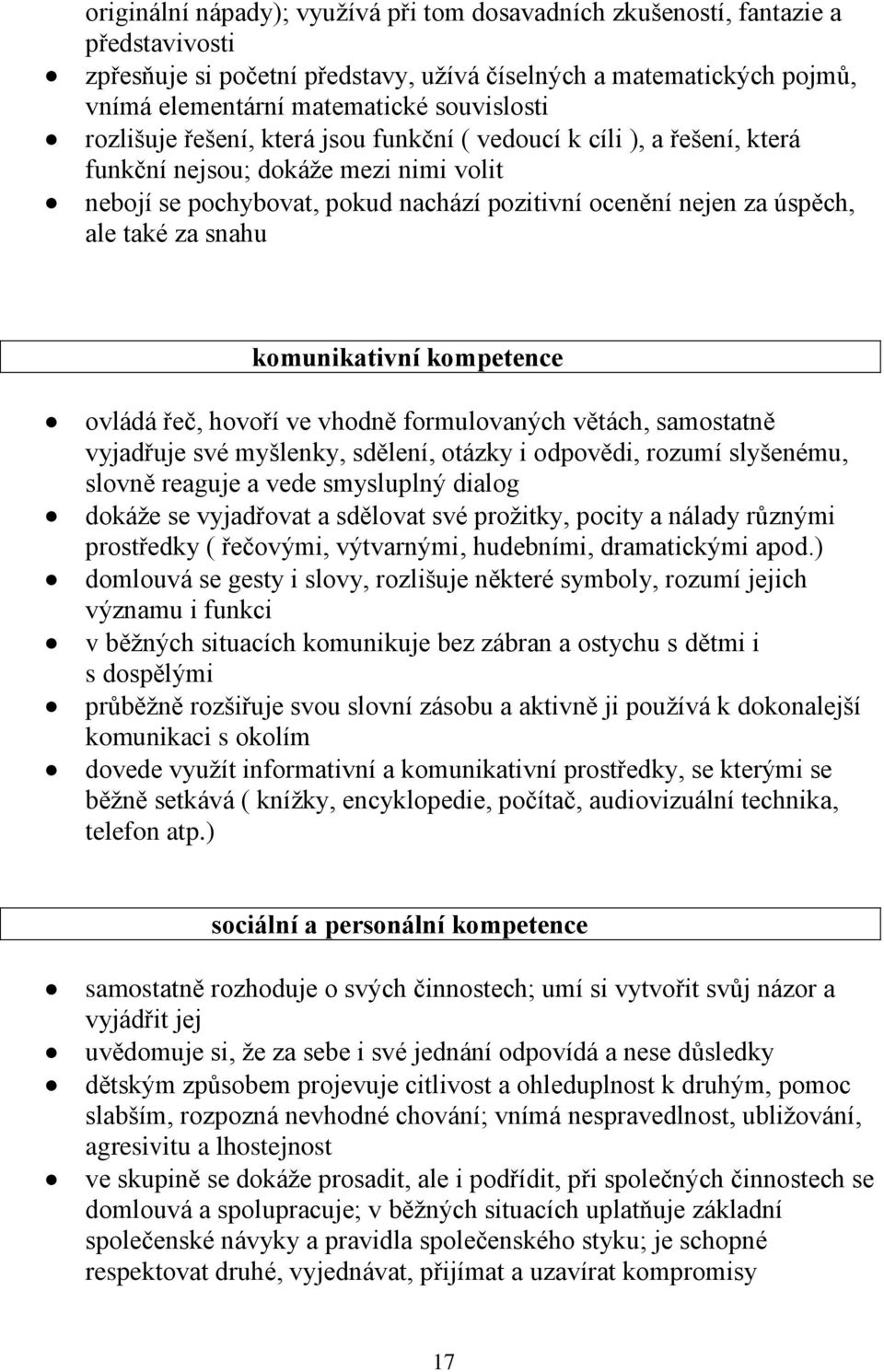 snahu komunikativní kompetence ovládá řeč, hovoří ve vhodně formulovaných větách, samostatně vyjadřuje své myšlenky, sdělení, otázky i odpovědi, rozumí slyšenému, slovně reaguje a vede smysluplný