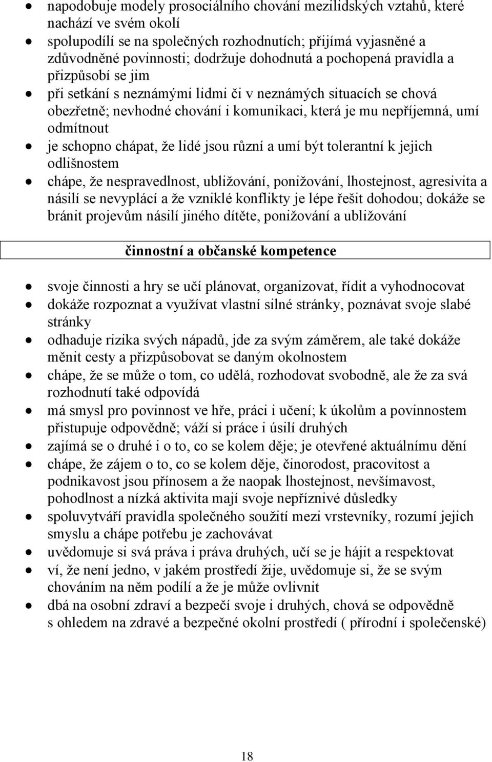 chápat, že lidé jsou různí a umí být tolerantní k jejich odlišnostem chápe, že nespravedlnost, ubližování, ponižování, lhostejnost, agresivita a násilí se nevyplácí a že vzniklé konflikty je lépe