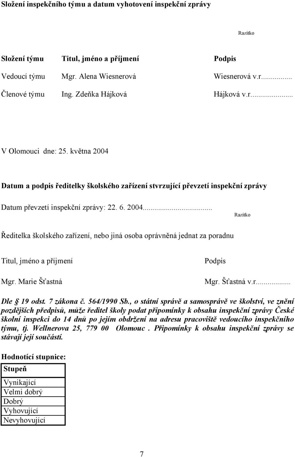 Marie Šťastná Podpis Mgr. Šťastná v.r... Dle 19 odst. 7 zákona č. 564/1990 Sb.