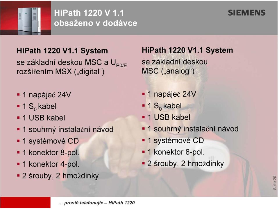 1 System se základní deskou MSC ( analog ) 1 napáječ 24V 1 S 0 kabel 1 USB kabel 1 souhrný instalační návod