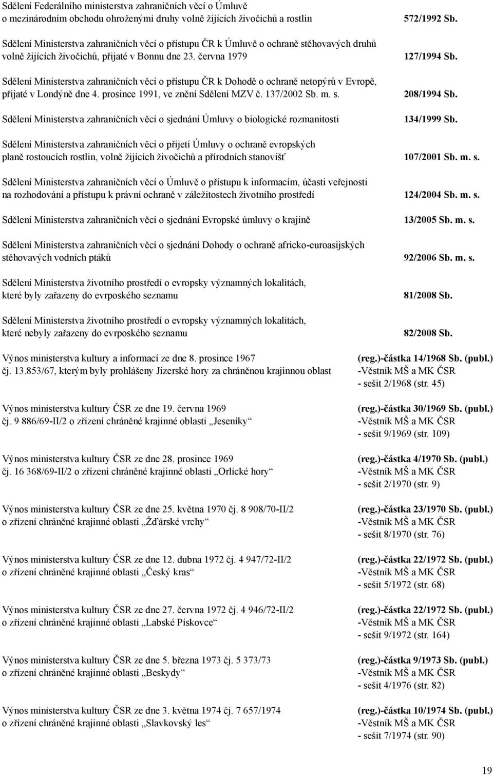 června 1979 Sdělení Ministerstva zahraničních věcí o přístupu ČR k Dohodě o ochraně netopýrů v Evropě, přijaté v Londýně dne 4. prosince 1991, ve znění Sdělení MZV č. 137/2002 Sb. m. s.