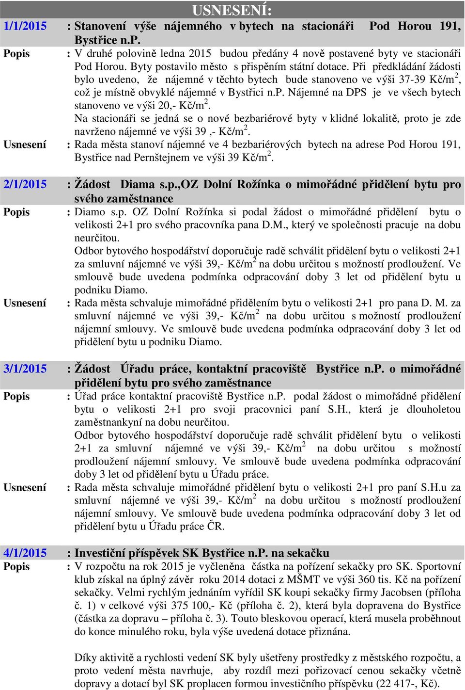 Při předkládání žádosti bylo uvedeno, že nájemné v těchto bytech bude stanoveno ve výši 37-39 Kč/m 2, což je místně obvyklé nájemné v Bystřici n.p. Nájemné na DPS je ve všech bytech stanoveno ve výši 20,- Kč/m 2.