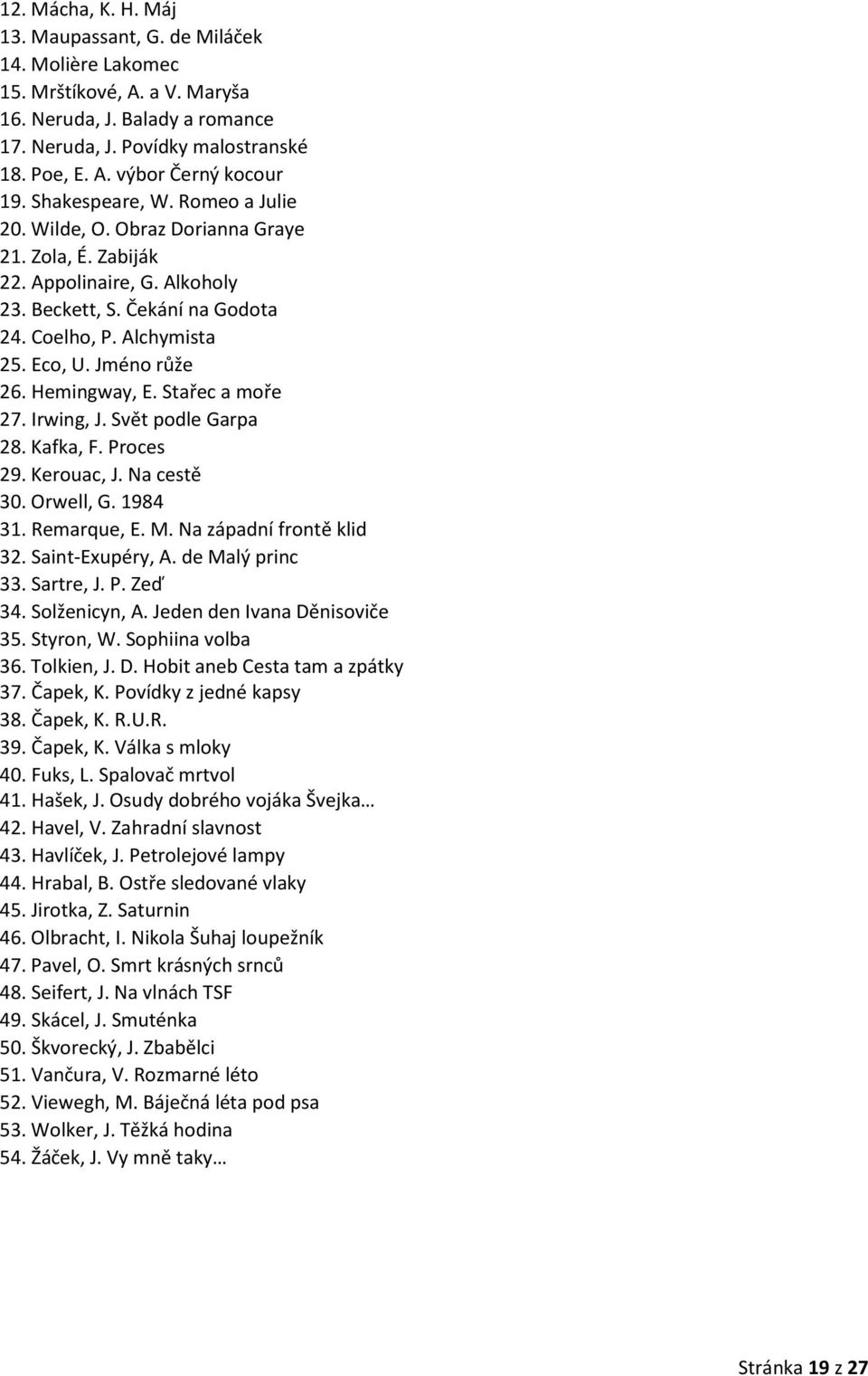 Hemingway, E. Stařec a moře 27. Irwing, J. Svět podle Garpa 28. Kafka, F. Proces 29. Kerouac, J. Na cestě 30. Orwell, G. 1984 31. Remarque, E. M. Na západní frontě klid 32. Saint-Exupéry, A.