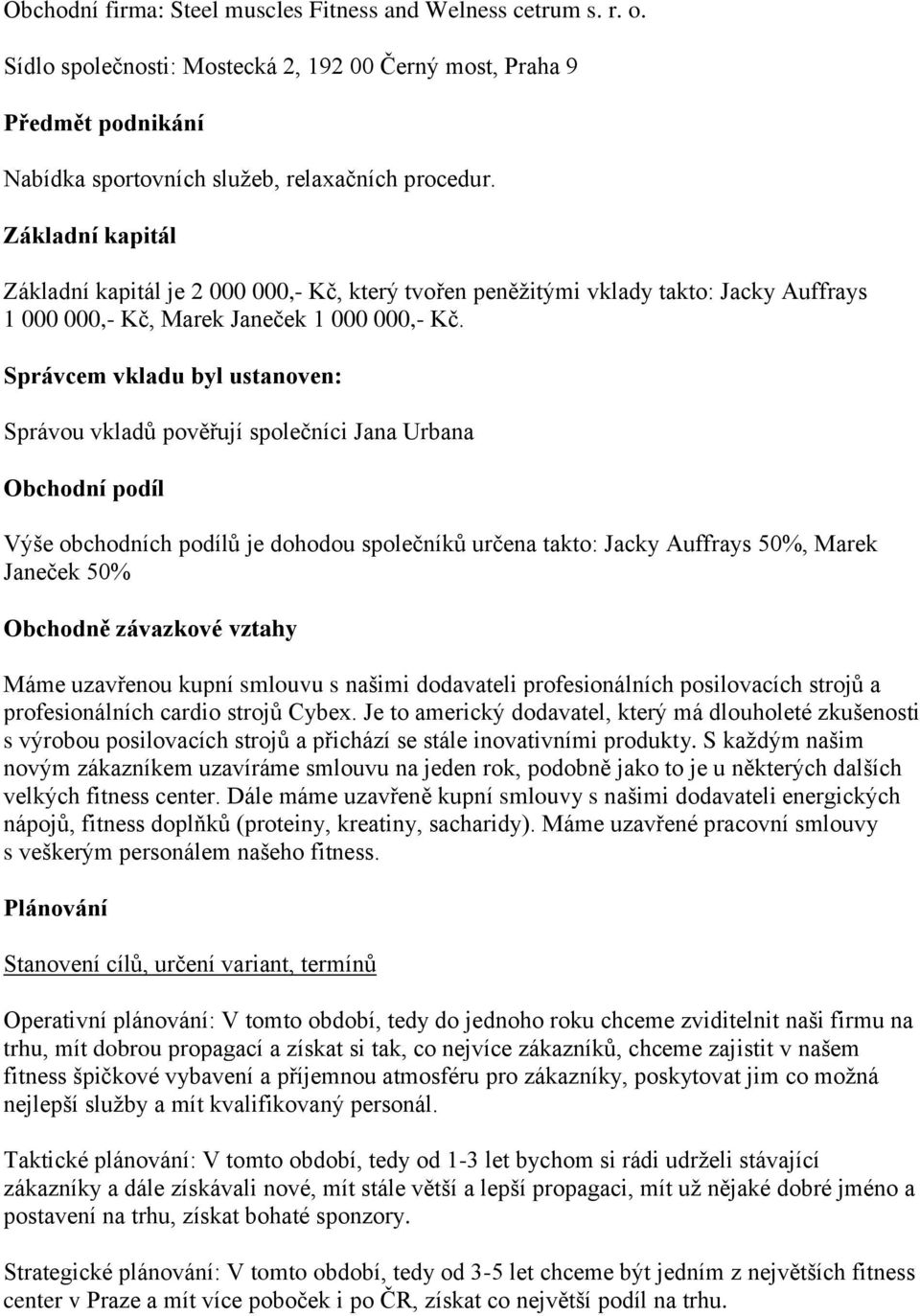 Správcem vkladu byl ustanoven: Správou vkladů pověřují společníci Jana Urbana Obchodní podíl Výše obchodních podílů je dohodou společníků určena takto: Jacky Auffrays 50%, Marek Janeček 50% Obchodně