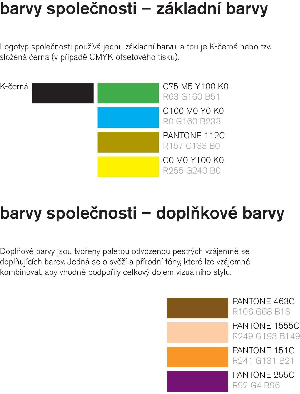 K-černá C75 M5 Y100 K0 R63 G160 B51 C100 M0 Y0 K0 R0 G160 B238 PANTONE 112C R157 G133 B0 C0 M0 Y100 K0 R255 G240 B0 barvy společnosti doplňkové barvy