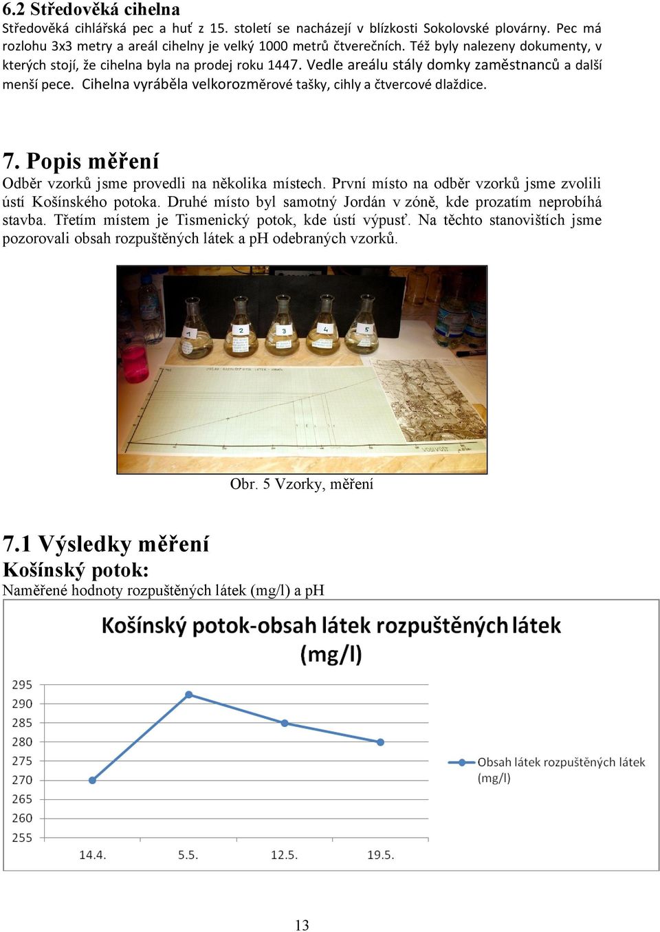 Cihelna vyráběla velkorozměrové tašky, cihly a čtvercové dlaždice. 7. Popis měření Odběr vzorků jsme provedli na několika místech. První místo na odběr vzorků jsme zvolili ústí Košínského potoka.