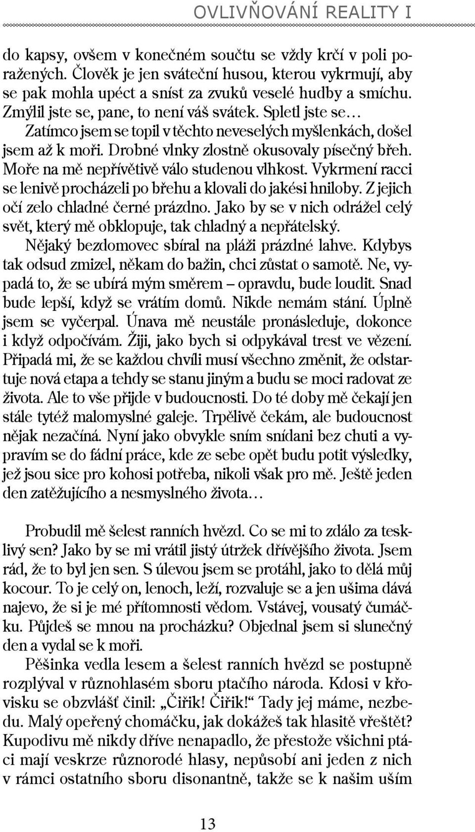 Moře na mě nepřívětivě válo studenou vlhkost. Vykrmení racci se lenivě procházeli po břehu a klovali do jakési hniloby. Z jejich očí zelo chladné černé prázdno.