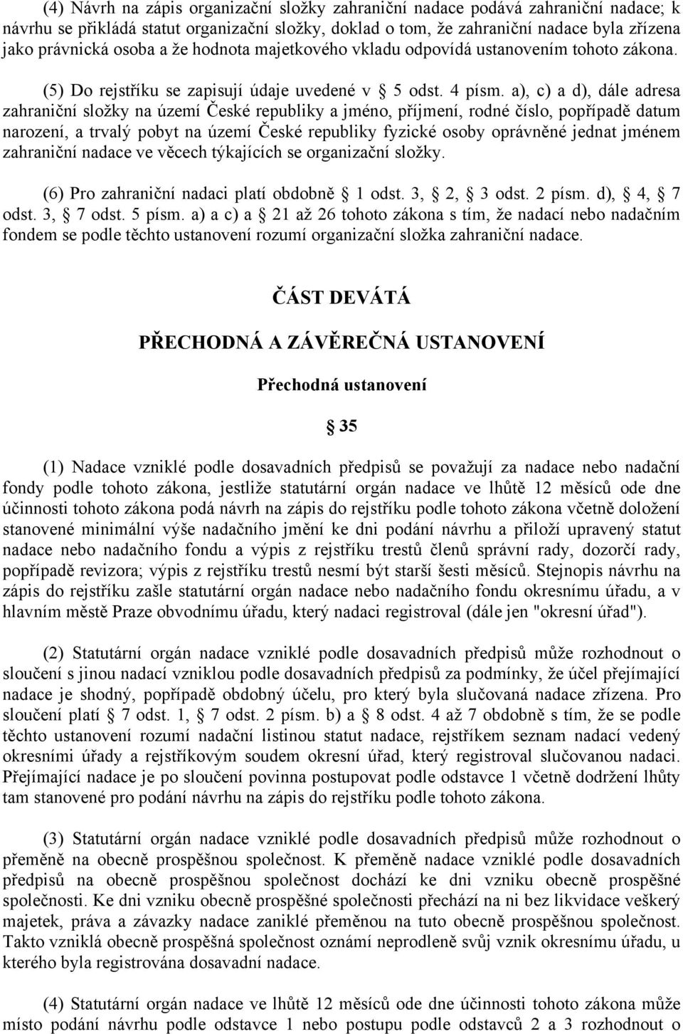 a), c) a d), dále adresa zahraniční složky na území České republiky a jméno, příjmení, rodné číslo, popřípadě datum narození, a trvalý pobyt na území České republiky fyzické osoby oprávněné jednat