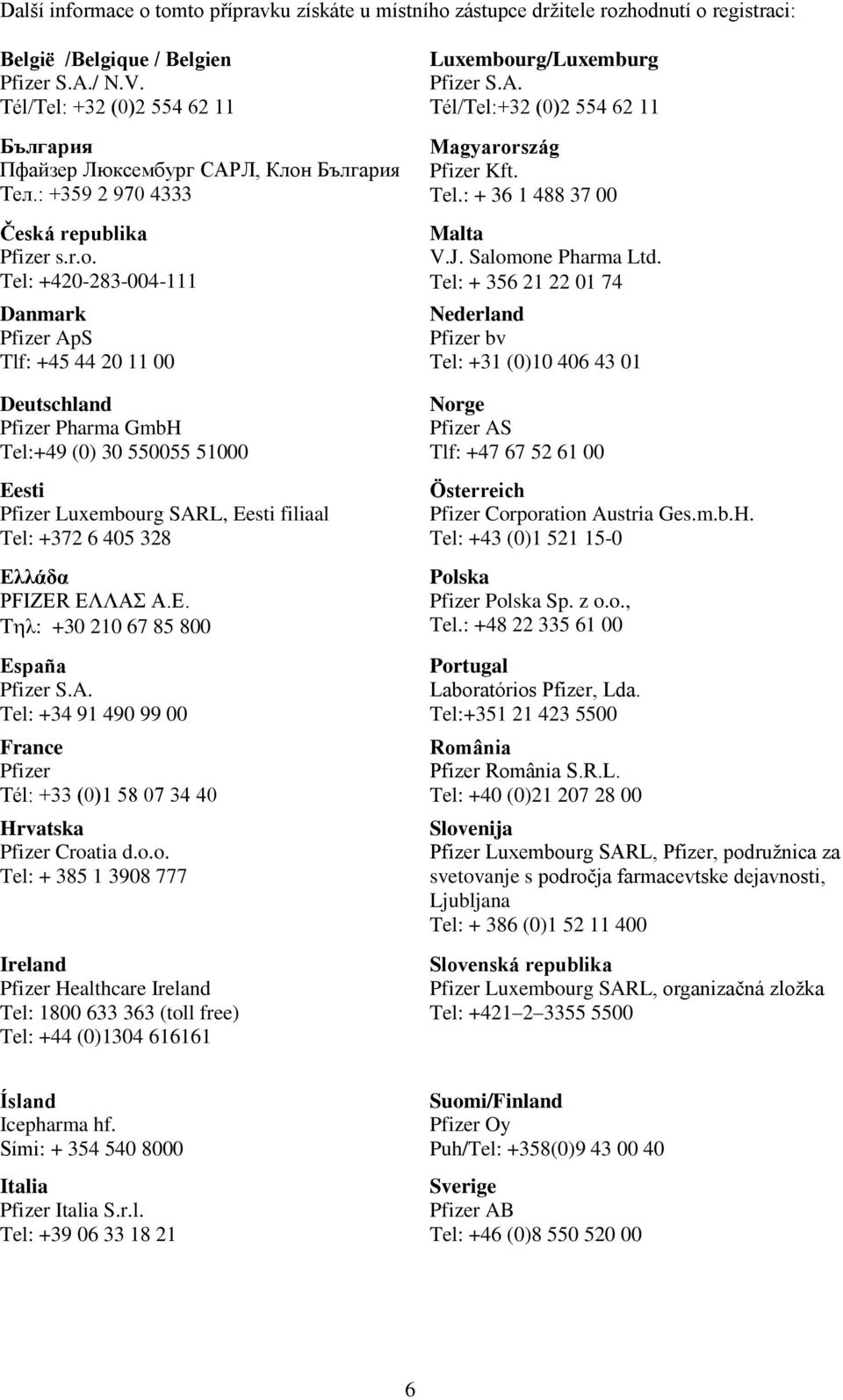 Tel: +420-283-004-111 Danmark Pfizer ApS Tlf: +45 44 20 11 00 Deutschland Pfizer Pharma GmbH Tel:+49 (0) 30 550055 51000 Eesti Pfizer Luxembourg SARL, Eesti filiaal Tel: +372 6 405 328 Ελλάδα PFIZER