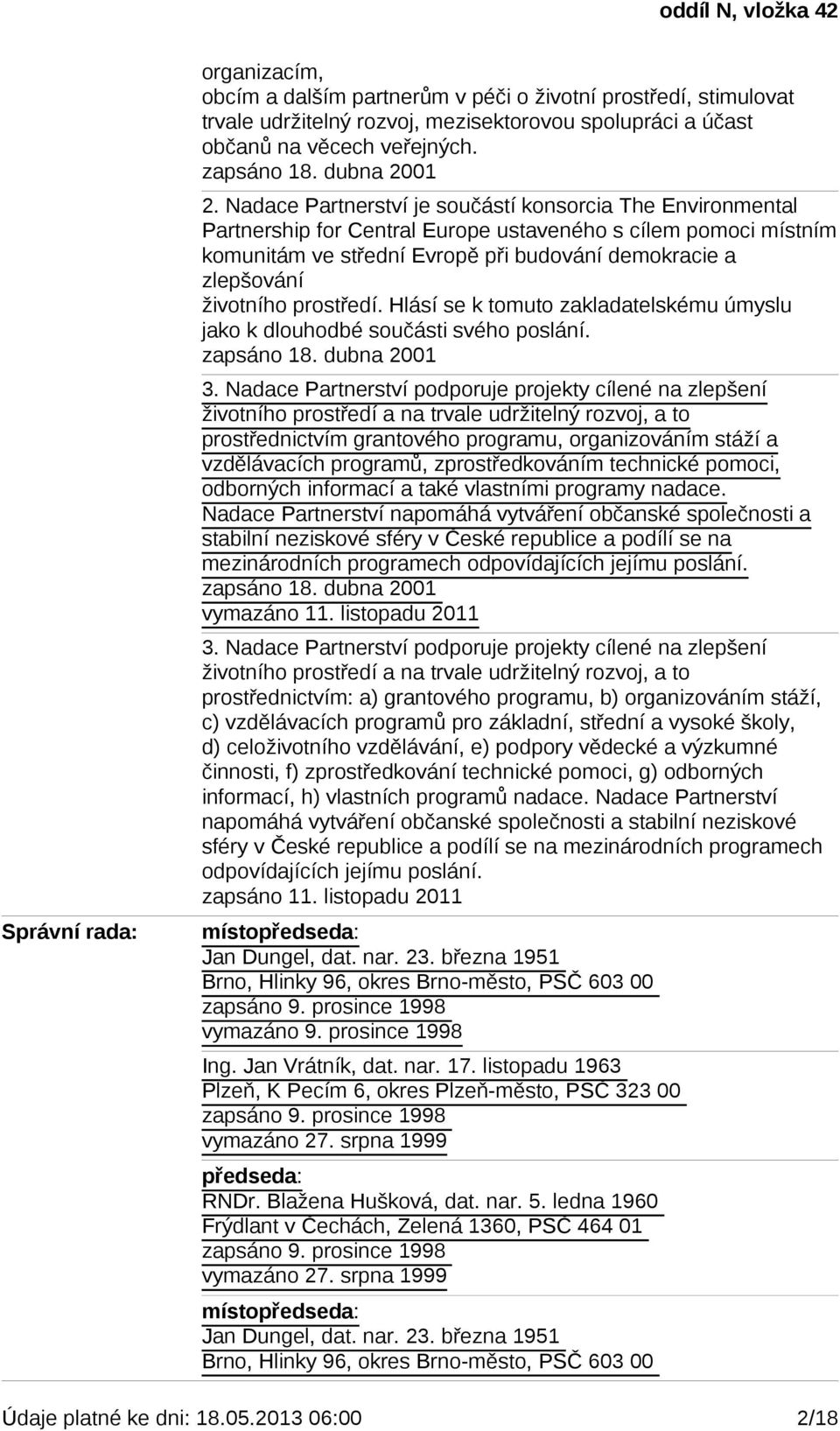 prostředí. Hlásí se k tomuto zakladatelskému úmyslu jako k dlouhodbé součásti svého poslání. zapsáno 18. dubna 2001 3.