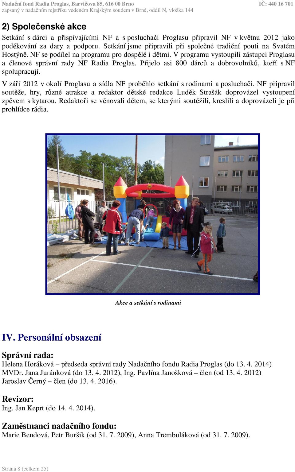 Přijelo asi 800 dárců a dobrovolníků, kteří s NF spolupracují. V září 2012 v okolí Proglasu a sídla NF proběhlo setkání s rodinami a posluchači.