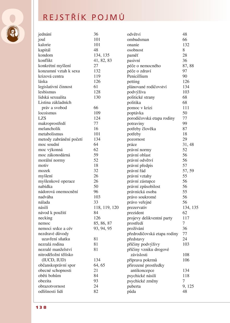 moc zákonodárná 59 morální normy 52 motiv 18 mozek 32 myšlení 26 myšlenkové operace 26 nabídka 50 nádorová onemocnění 96 nadváha 103 nálada 33 násilí 118, 119, 120 návod k použití 84 necking 126