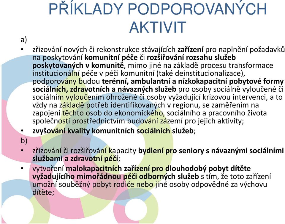 zdravotních a návazných služeb pro osoby sociálně vyloučené či sociálním vyloučením ohrožené či osoby vyžadující krizovou intervenci, a to vždy na základě potřeb identifikovaných vregionu, se