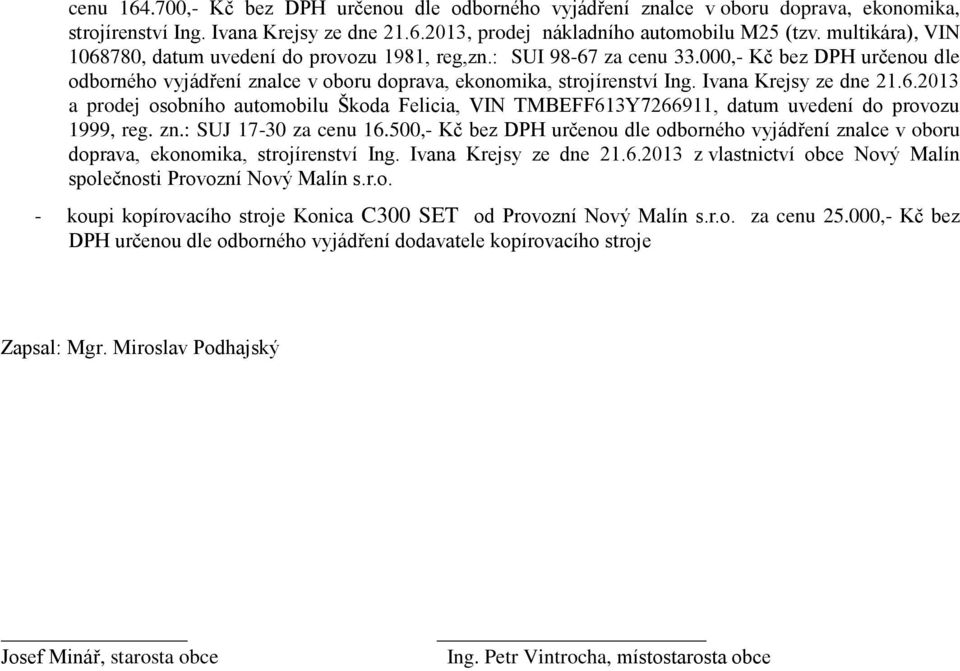 Ivana Krejsy ze dne 21.6.2013 a prodej osobního automobilu Škoda Felicia, VIN TMBEFF613Y7266911, datum uvedení do provozu 1999, reg. zn.: SUJ 17-30 za cenu 16.