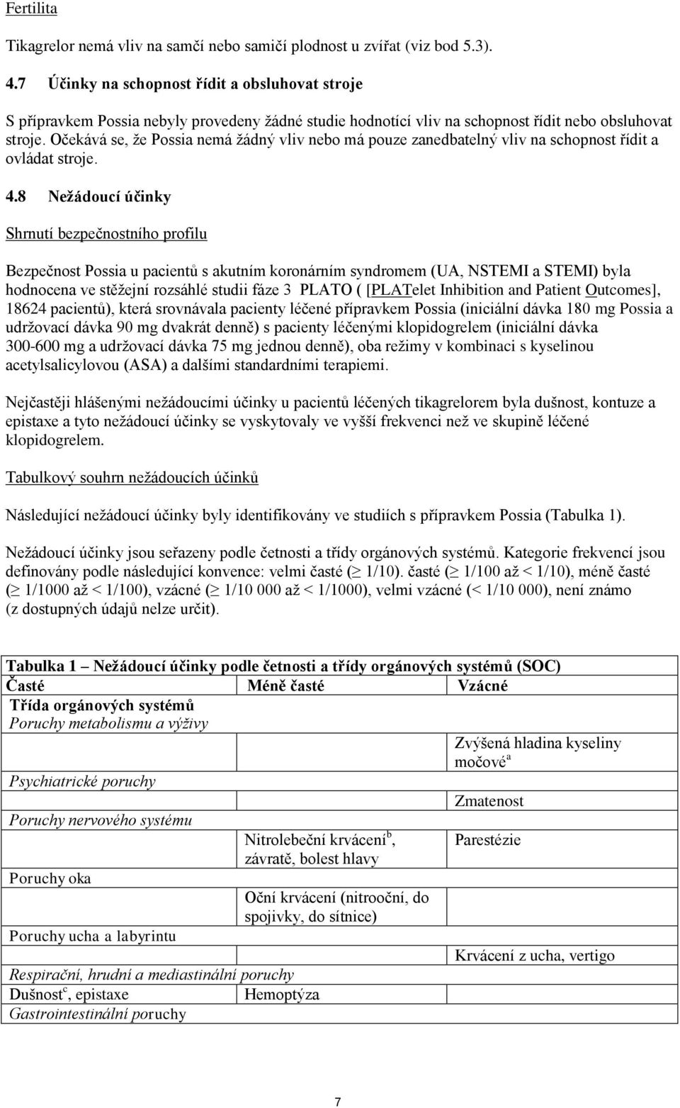 Očekává se, že Possia nemá žádný vliv nebo má pouze zanedbatelný vliv na schopnost řídit a ovládat stroje. 4.