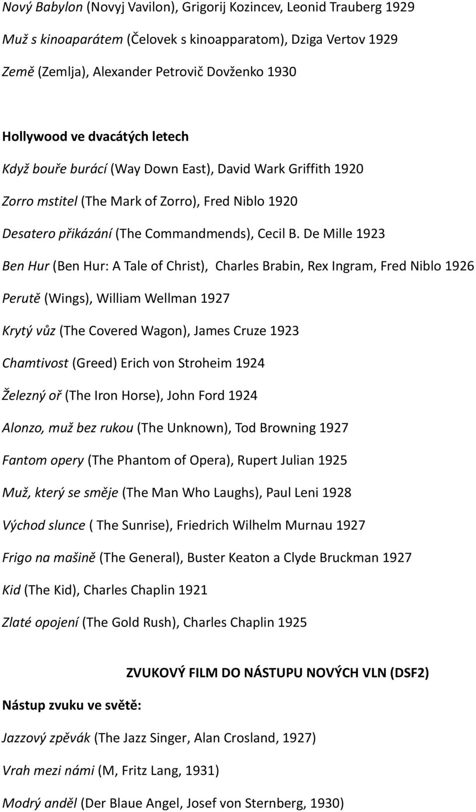 De Mille 1923 Ben Hur (Ben Hur: A Tale of Christ), Charles Brabin, Rex Ingram, Fred Niblo 1926 Perutě (Wings), William Wellman 1927 Krytý vůz (The Covered Wagon), James Cruze 1923 Chamtivost (Greed)