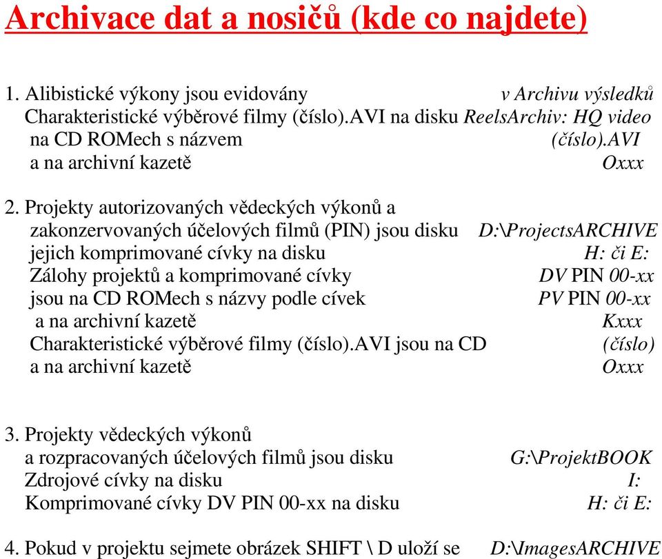 Projekty autorizovaných vědeckých výkonů a zakonzervovaných účelových filmů (PIN) jsou disku D:\ProjectsARCHIVE jejich komprimované cívky na disku H: či E: Zálohy projektů a komprimované cívky DV PIN