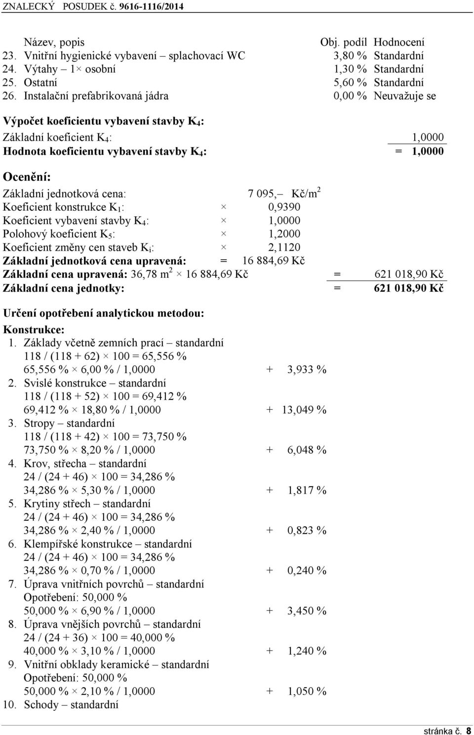 jednotková cena: 7 095, Kč/m 2 Koeficient konstrukce K 1 : 0,9390 Koeficient vybavení stavby K 4 : 1,0000 Polohový koeficient K 5 : 1,2000 Koeficient změny cen staveb K i : 2,1120 Základní jednotková