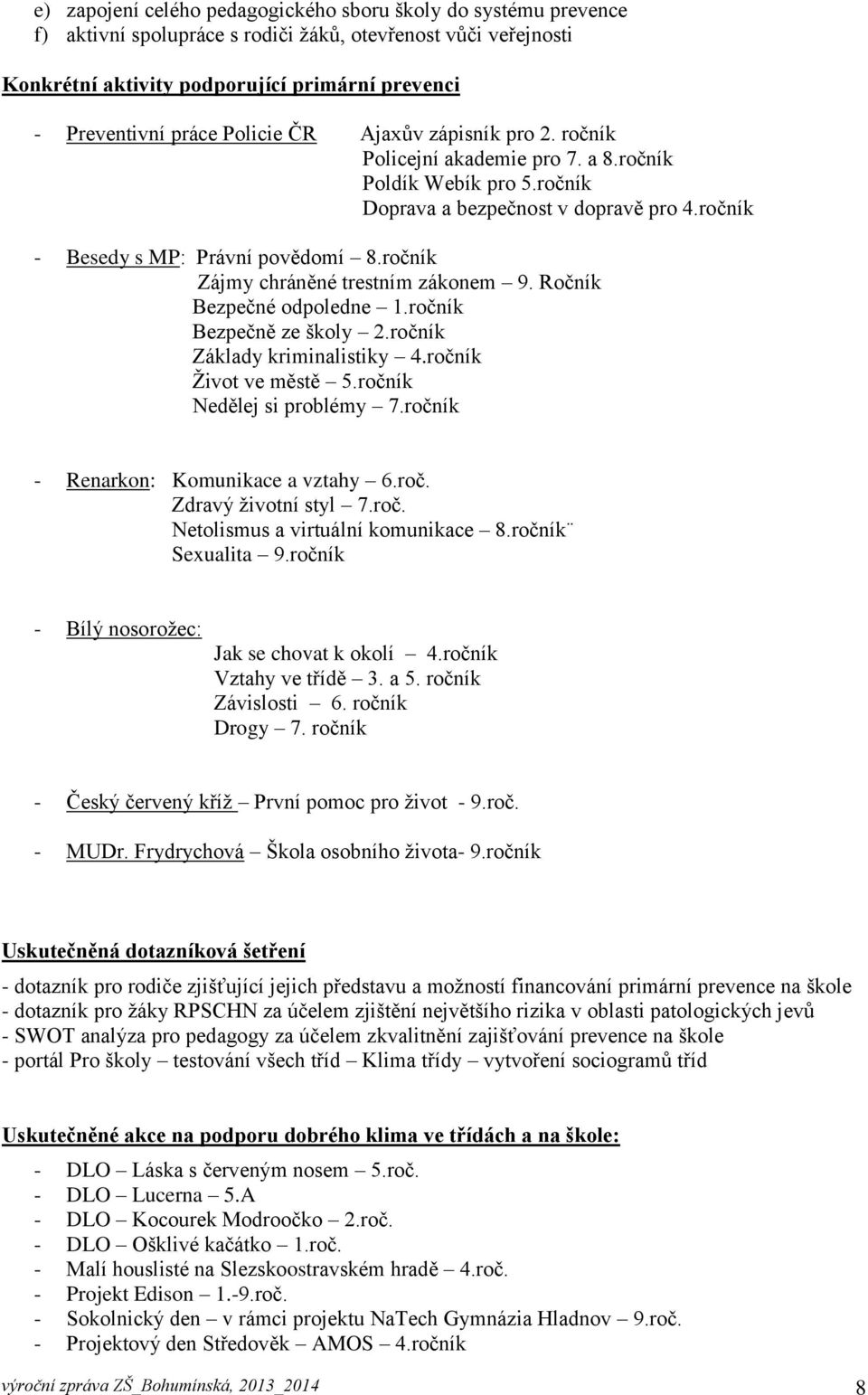 ročník Zájmy chráněné trestním zákonem 9. Ročník Bezpečné odpoledne 1.ročník Bezpečně ze školy 2.ročník Základy kriminalistiky 4.ročník Život ve městě 5.ročník Nedělej si problémy 7.