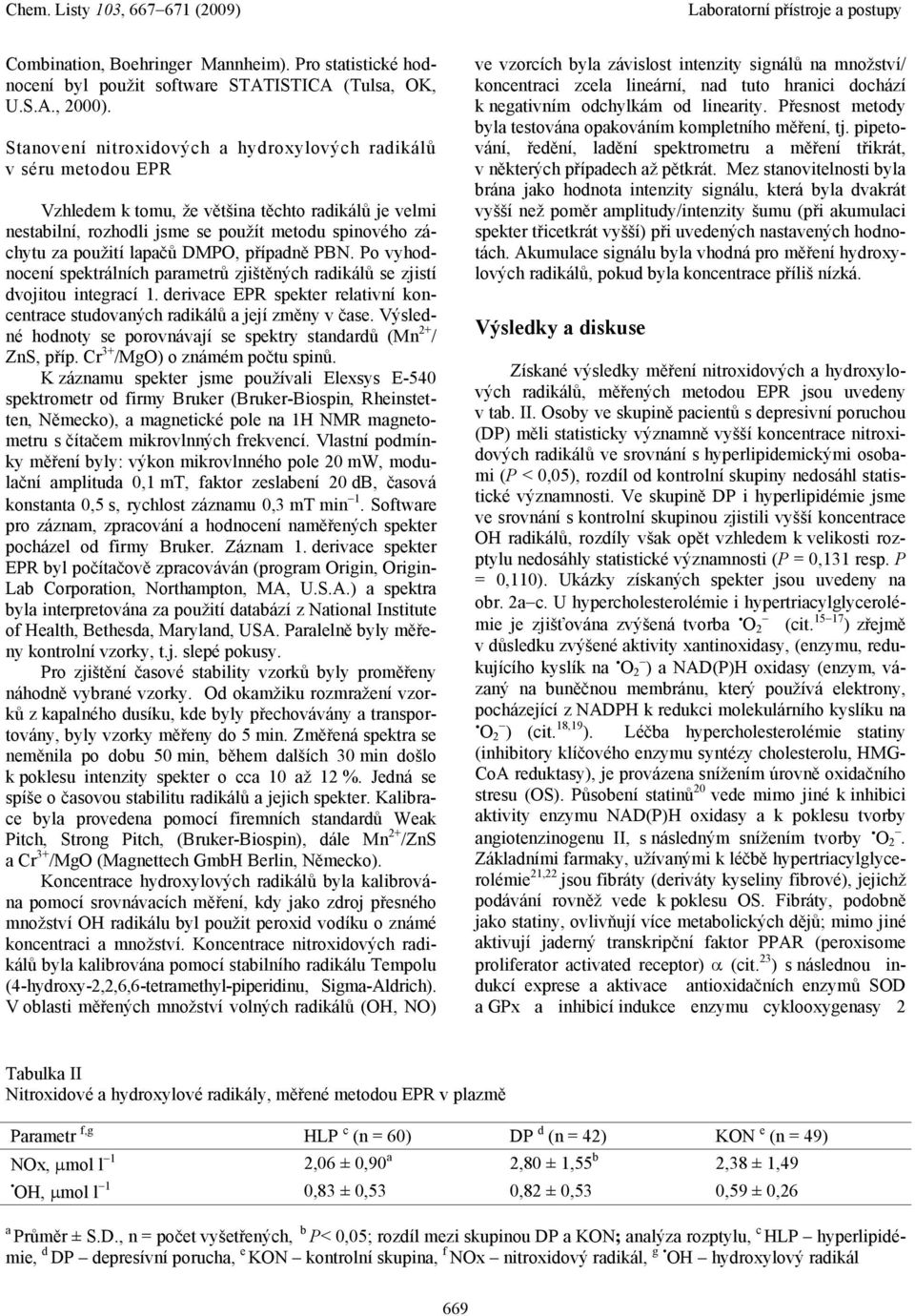 přípdně PBN. Po vyhodnocení spektrálních prmetrů zjištěných rdikálů se zjistí dvojitou integrcí 1. derivce EPR spekter reltivní koncentrce studovných rdikálů její změny v čse.