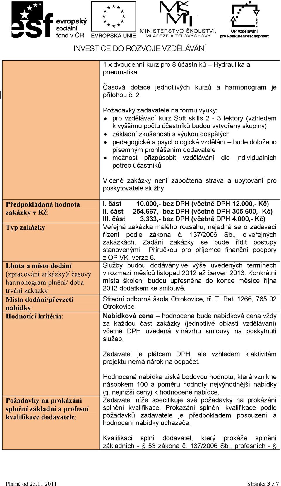 psychologické vzdělání bude doloženo písemným prohlášením dodavatele možnost přizpůsobit vzdělávání dle individuálních potřeb účastníků V ceně zakázky není započtena strava a ubytování pro