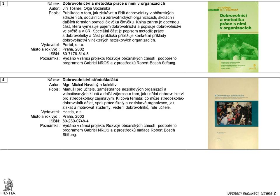 Speciální část je popisem metodik práce s dobrovolníky a část praktická přibližuje konkrétní příklady dobrovolnictví v některých neziskových organizacích. Vydavatel: Portál, s.r.o. Místo a rok vyd.