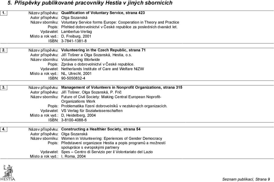 dobrovolnictví v České republice za posledních dvanáct let. Vydavatel: Lambertus-Verlag Místo a rok vyd.: D, Freiburg, 2001 ISBN: 3-7841-1381-8 2.