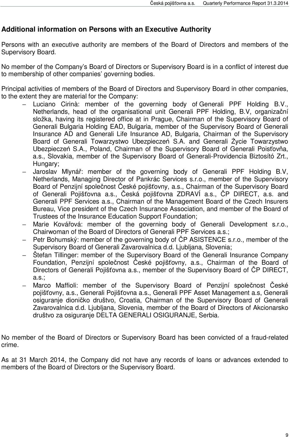 Principal activities of members of the Board of Directors and Supervisory Board in other companies, to the extent they are material for the Company: Luciano Cirinà: member of the governing body of
