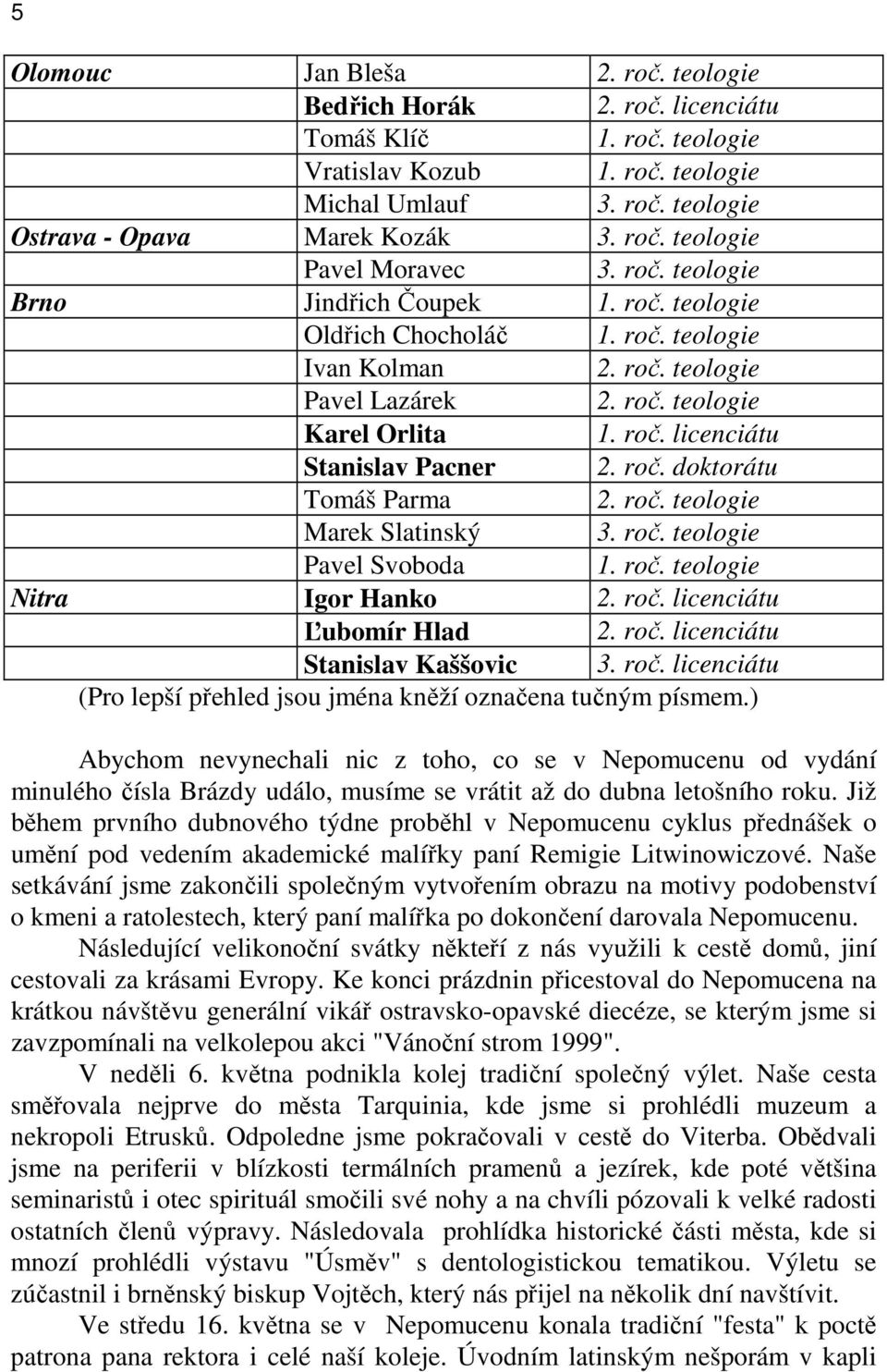 roč. doktorátu Tomáš Parma 2. roč. teologie Marek Slatinský 3. roč. teologie Pavel Svoboda 1. roč. teologie Nitra Igor Hanko 2. roč. licenciátu Ľubomír Hlad 2. roč. licenciátu Stanislav Kaššovic 3.