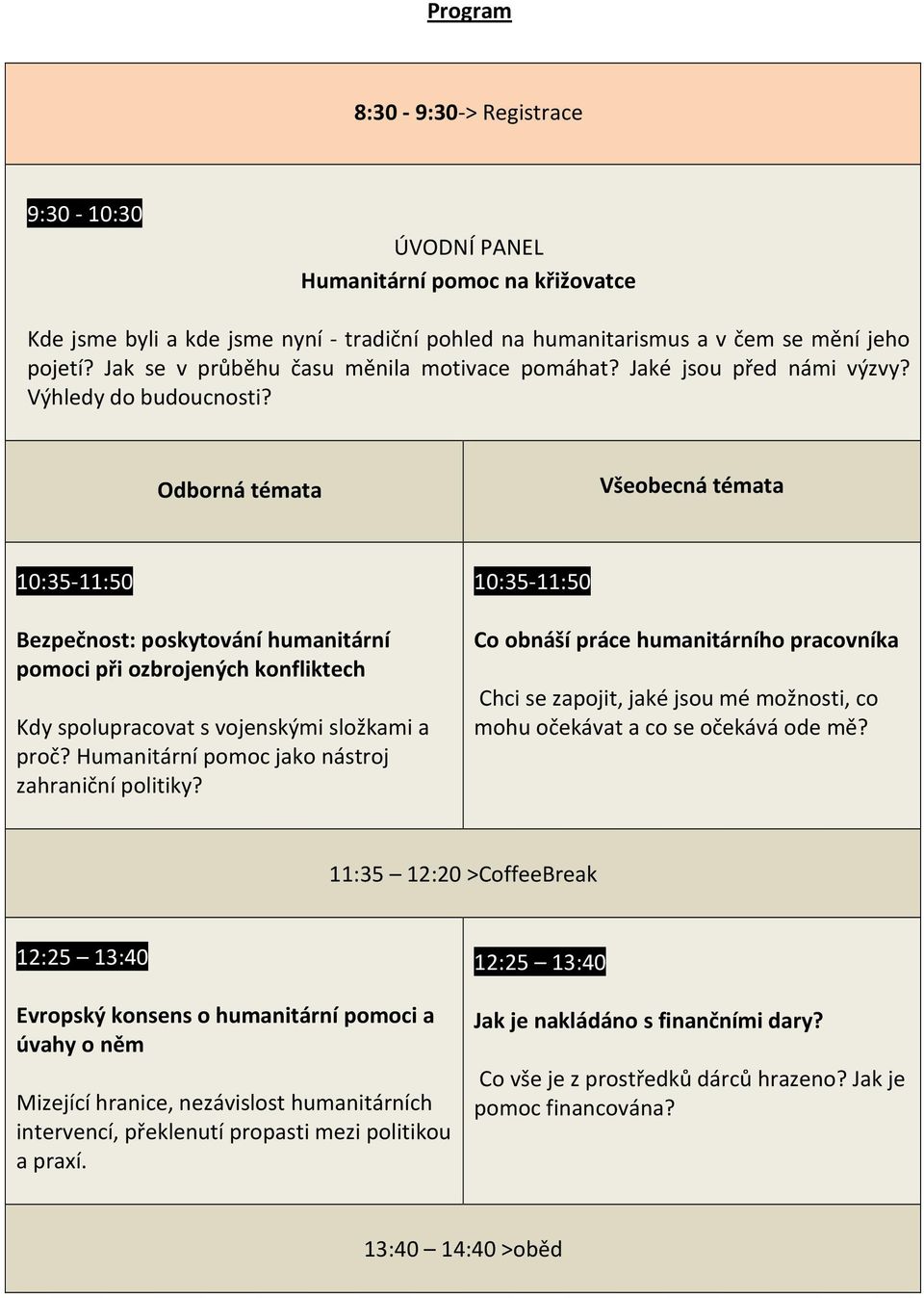 Odborná témata Všeobecná témata 10:35-11:50 Bezpečnost: poskytování humanitární pomoci při ozbrojených konfliktech Kdy spolupracovat s vojenskými složkami a proč?