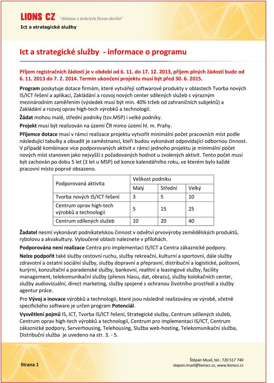 Program poskytuje dotace firmám, které vytvářejí softwarové produkty v oblastech Tvorba nových IS/ICT řešení a aplikací, Zakládání a rozvoj nových center sdílených služeb s výrazným mezinárodním