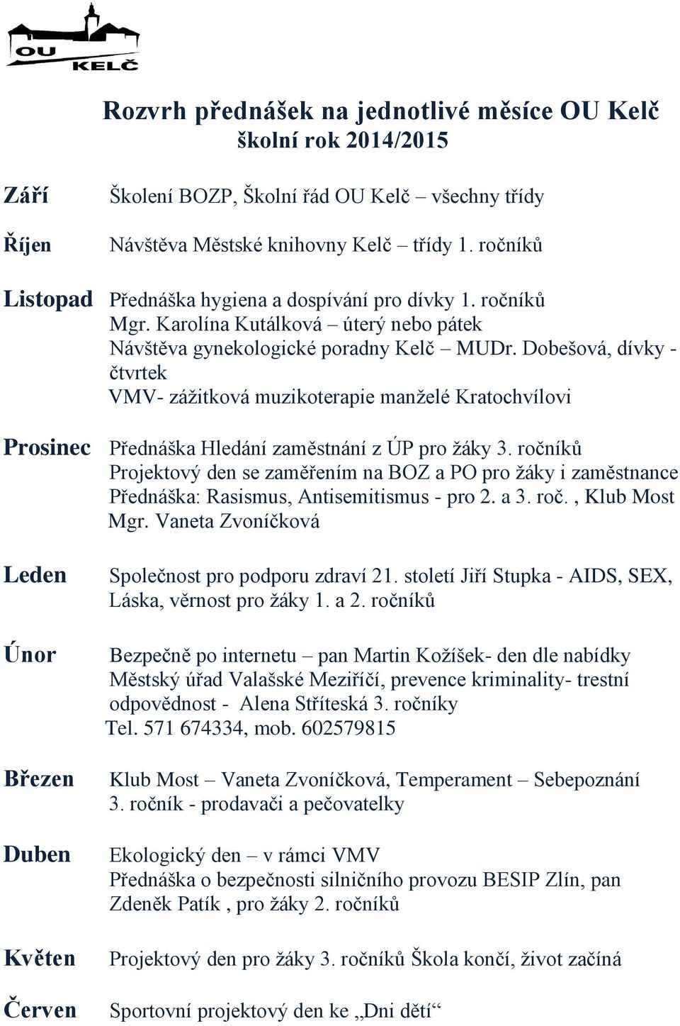 Dobešová, dívky - čtvrtek VMV- zážitková muzikoterapie manželé Kratochvílovi Prosinec Přednáška Hledání zaměstnání z ÚP pro žáky 3.