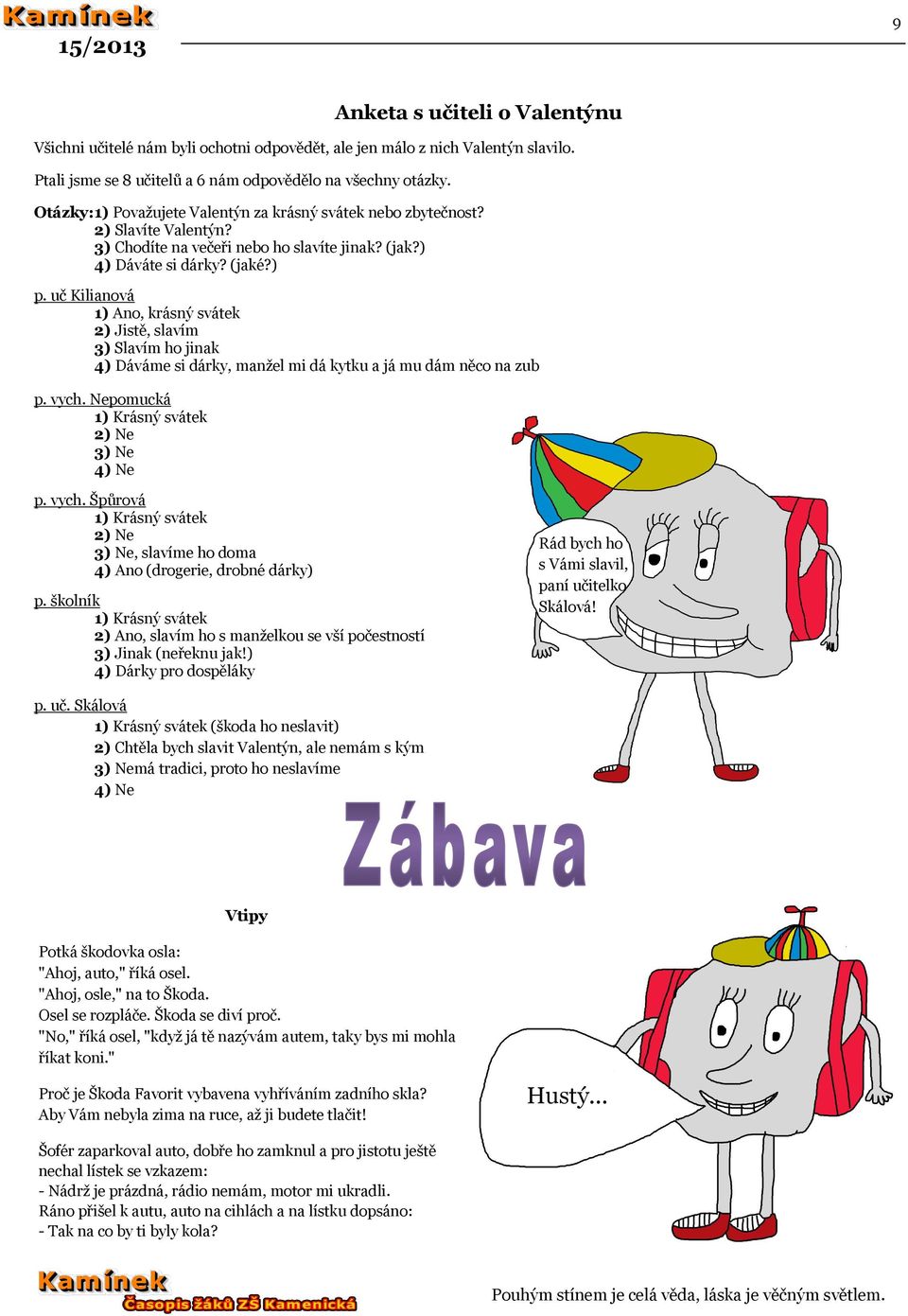 uč Kilianová 1) Ano, krásný svátek 2) Jistě, slavím 3) Slavím ho jinak 4) Dáváme si dárky, manžel mi dá kytku a já mu dám něco na zub p. vych.