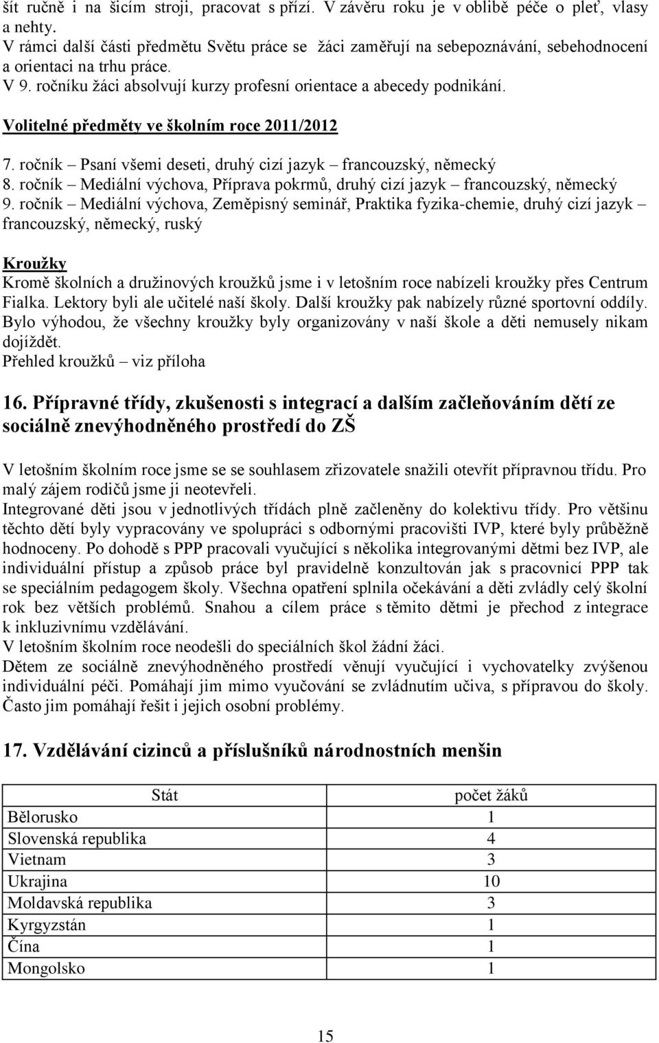 Volitelné předměty ve školním roce 2011/2012 7. ročník Psaní všemi deseti, druhý cizí jazyk francouzský, německý 8. ročník Mediální výchova, Příprava pokrmů, druhý cizí jazyk francouzský, německý 9.