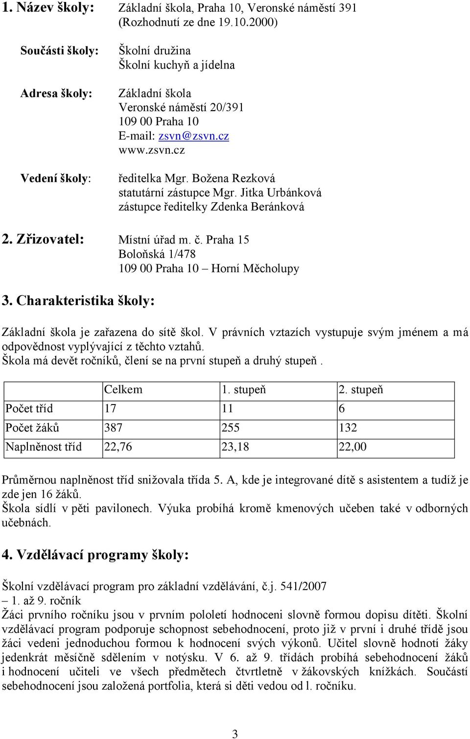 2000) Součásti školy: Adresa školy: Vedení školy: Školní družina Školní kuchyň a jídelna Základní škola Veronské náměstí 20/391 109 00 Praha 10 E-mail: zsvn@zsvn.cz www.zsvn.cz ředitelka Mgr.