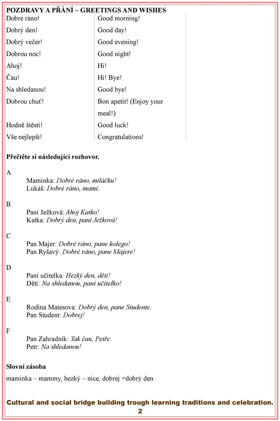 Lukáš: Dobré ráno, mami. Paní Ježková: Ahoj Katko! Katka: Dobrý den, paní Ježková! Pan Majer: Dobré ráno, pane kolego! Pan Ryšavý: Dobré ráno, pane Majere! Paní učitelka: Hezký den, děti!