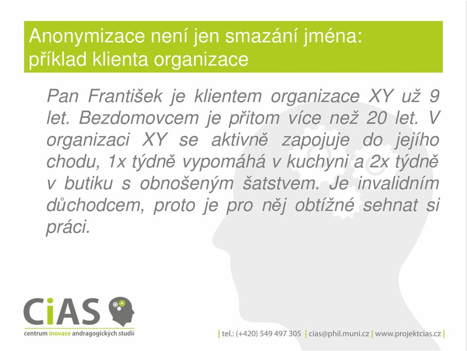 V organizaci XY se aktivně zapojuje do jejího chodu, 1x týdně vypomáhá v kuchyni a 2x