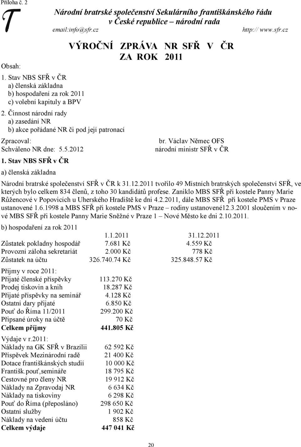 Činnost národní rady a) zasedání NR b) akce pořádané NR či pod její patronací Zpracoval: Schváleno NR dne: 5.5.2012 1. Stav NBS SFŘ v ČR a) členská základna VÝROČNÍ ZPRÁVA NR SFŘ V ČR ZA ROK 2011 br.